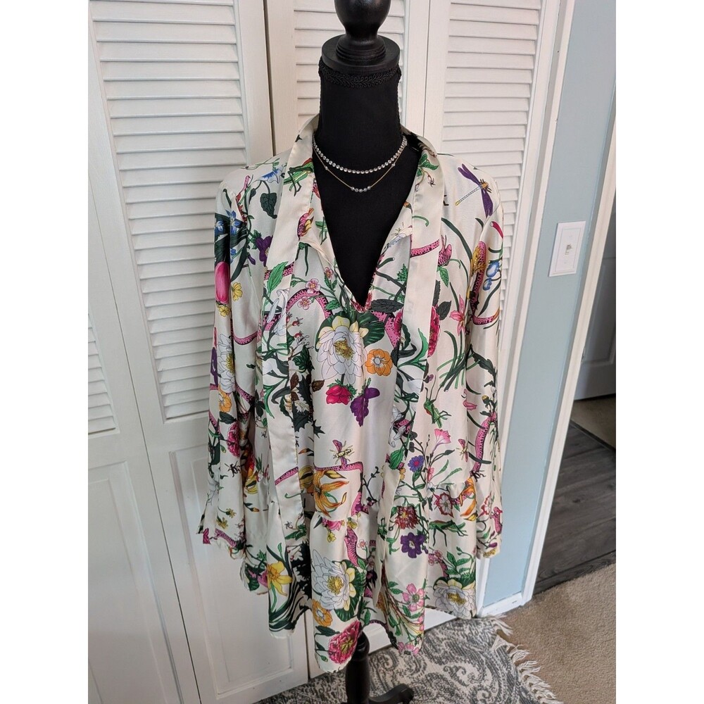 Ellos Top Womens 18 Ivory Floral Tropics Snake Tie-Neck Long Sleeve Satin Tunic